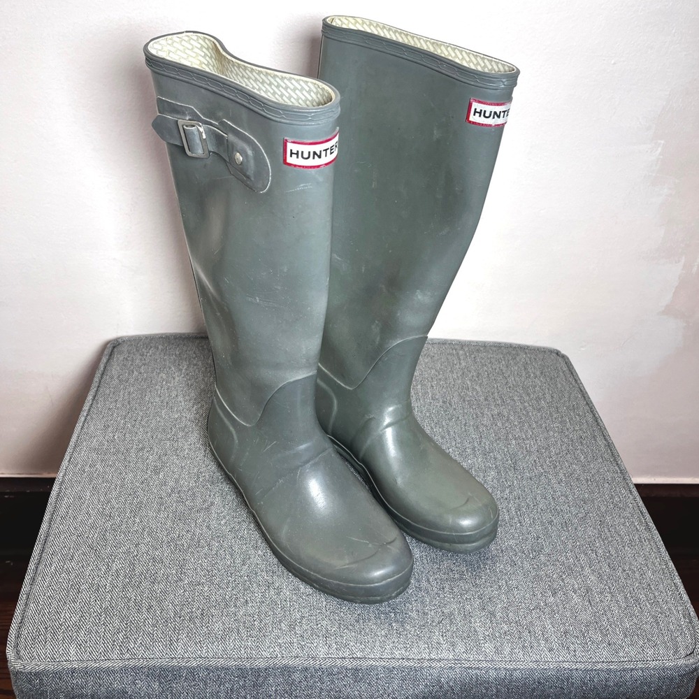 Hunter Original Gloss Tall Rain Boots Grey W23616 Womens 8 EU 39 Sage Green